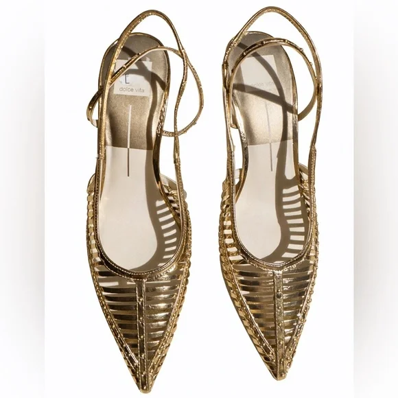 🆕 Dolce Vita Distressed Gold Strap Cage Leather Slingback Pointed Toe Heels 9.5 - Picture 4 of 17
